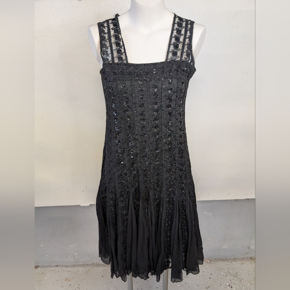 Vintage Black Sequin Dress Tank Style  Square Neckline Midi Length Dress  Sz S